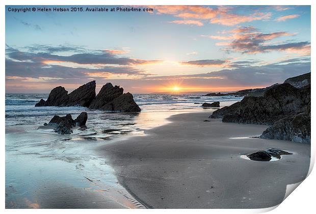 Sunset over Whitsand Bay Print by Helen Hotson
