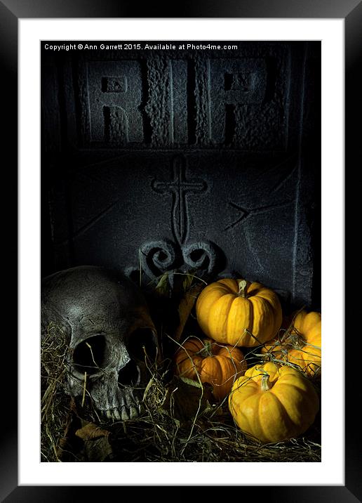 Skull Headstone and Pumpkins Framed Mounted Print by Ann Garrett