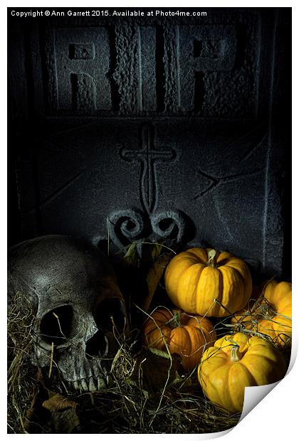 Skull Headstone and Pumpkins Print by Ann Garrett