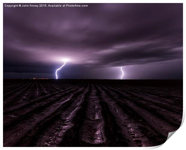  Thunderstruck, twin lighning bolts in Texas, USA. Print by John Finney