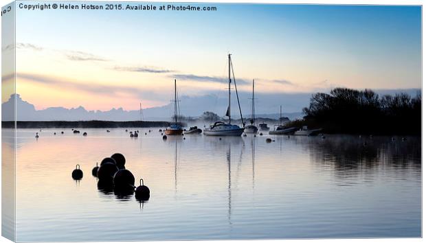 Boats and early morning mist Canvas Print by Helen Hotson