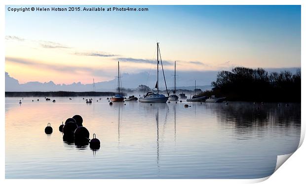 Boats and early morning mist Print by Helen Hotson