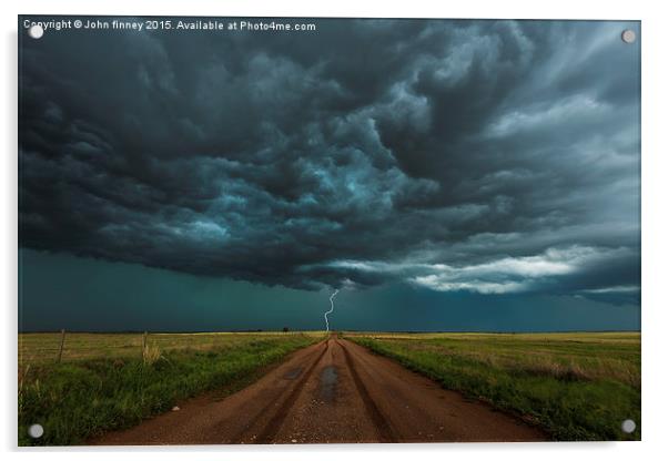  Lightning, End of the road. Tornado alley, USA.  Acrylic by John Finney
