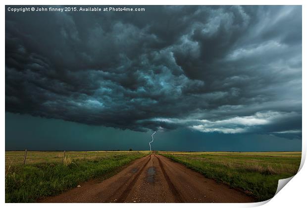  Lightning, End of the road. Tornado alley, USA.  Print by John Finney