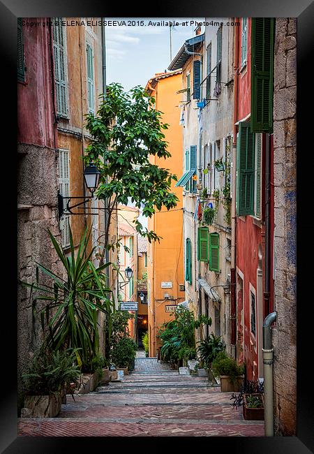 Colorful old street in Villefranche-sur-Mer Framed Print by ELENA ELISSEEVA