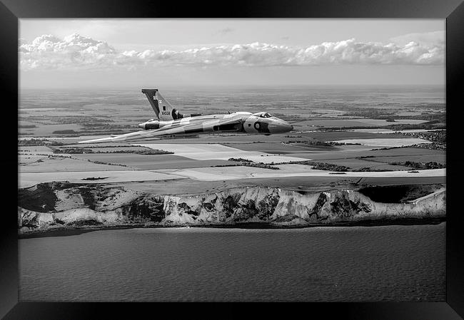 Avro Vulcan over the white cliffs of Dover, B&W ve Framed Print by Gary Eason