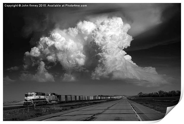 Convection over Freight train, Tornado alley, USA. Print by John Finney