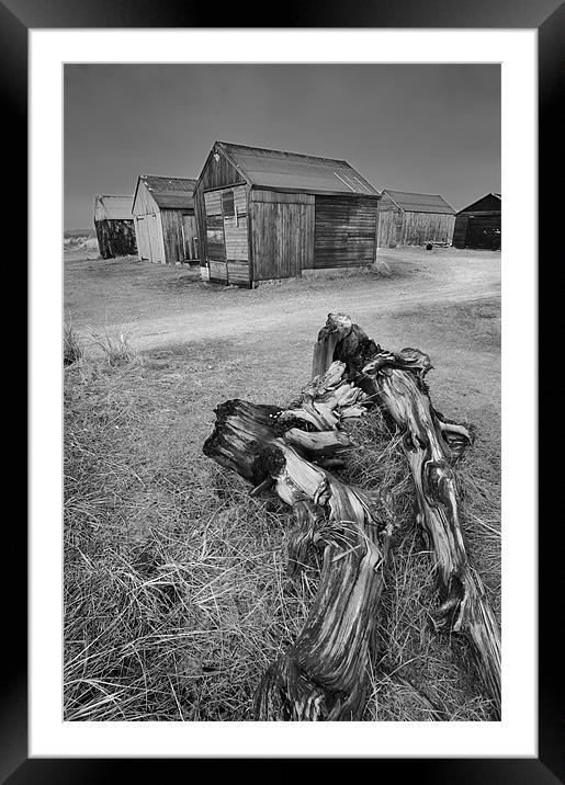 Driftwood and fishermans huts Framed Mounted Print by Stephen Mole
