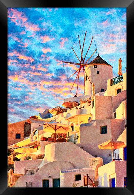 Santorini Windmill at Oia Digital Painting Framed Print by Antony McAulay