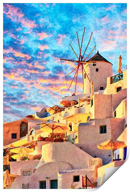 Santorini Windmill at Oia Digital Painting Print by Antony McAulay