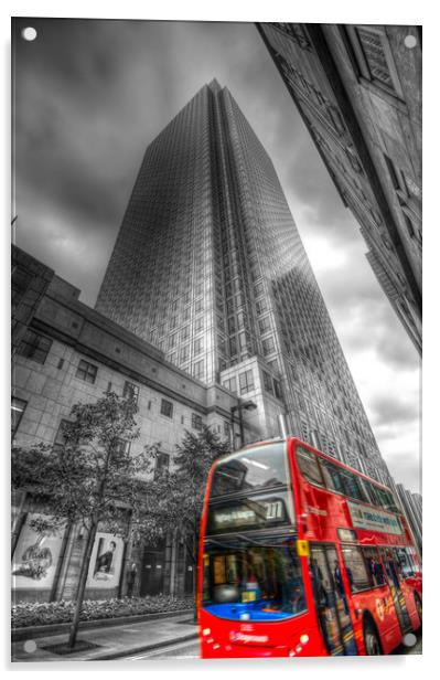 One Canada Square London Bus Acrylic by David Pyatt