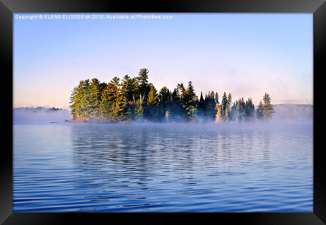 Island in lake with morning fog Framed Print by ELENA ELISSEEVA
