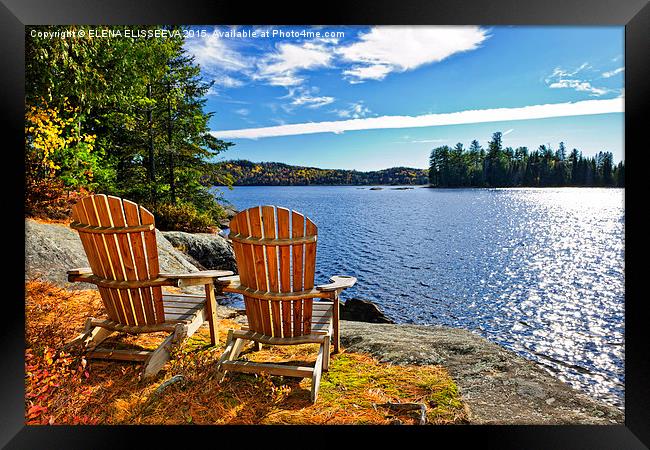 Adirondack chairs at lake shore Framed Print by ELENA ELISSEEVA