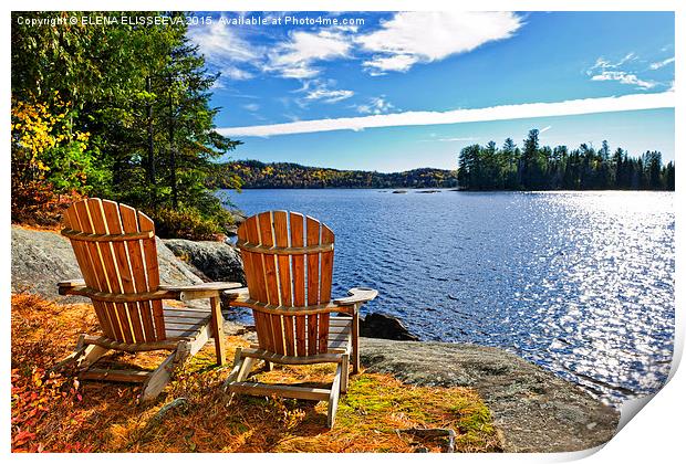 Adirondack chairs at lake shore Print by ELENA ELISSEEVA