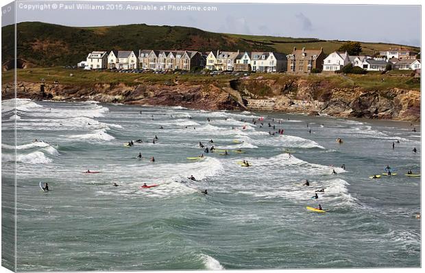  Polzeath Village with Surfers Canvas Print by Paul Williams