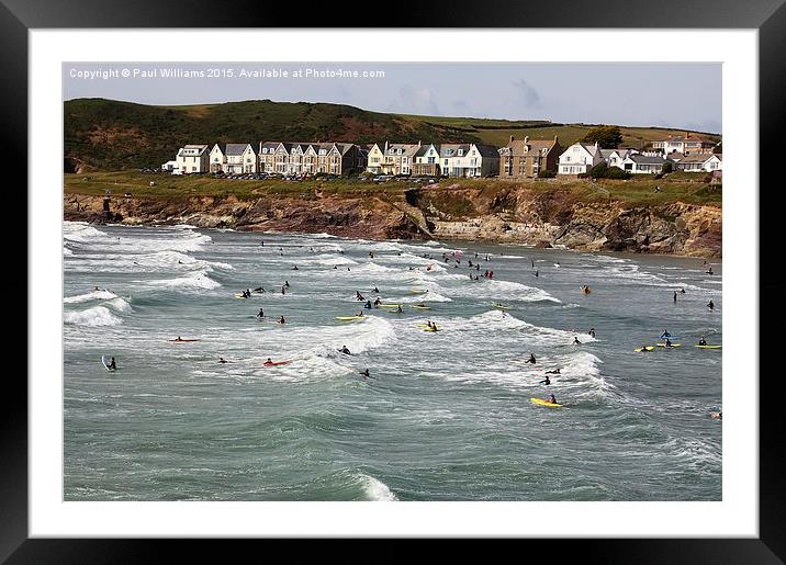  Polzeath Village with Surfers Framed Mounted Print by Paul Williams
