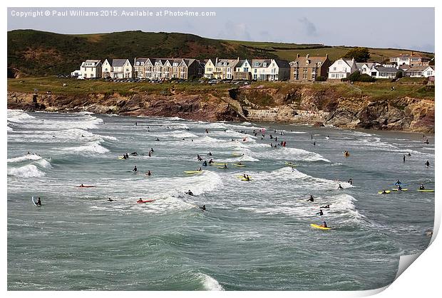  Polzeath Village with Surfers Print by Paul Williams