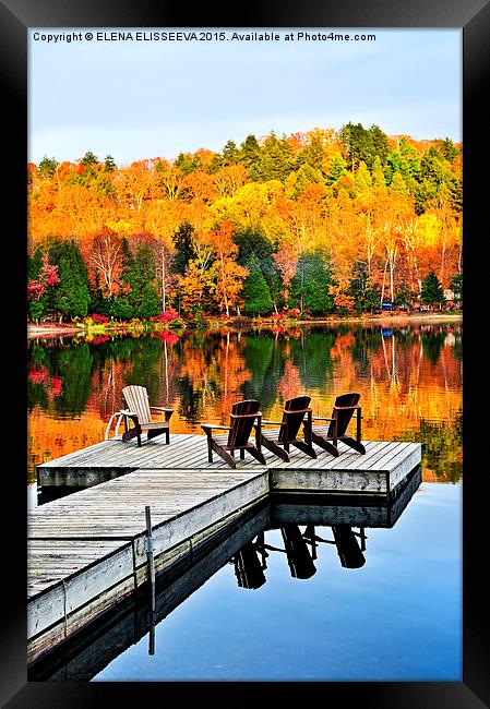 Wooden dock on autumn lake Framed Print by ELENA ELISSEEVA