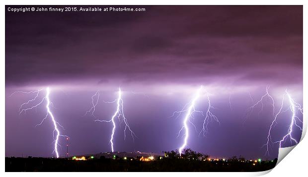 Lightning bolts over New Mexico, USA Print by John Finney