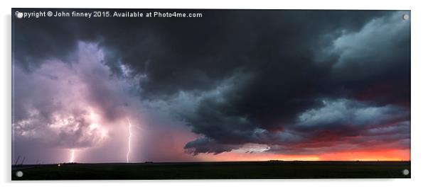Kansas thunderstorm at sunset, panoramic Acrylic by John Finney