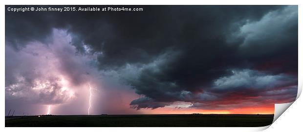 Kansas thunderstorm at sunset, panoramic Print by John Finney