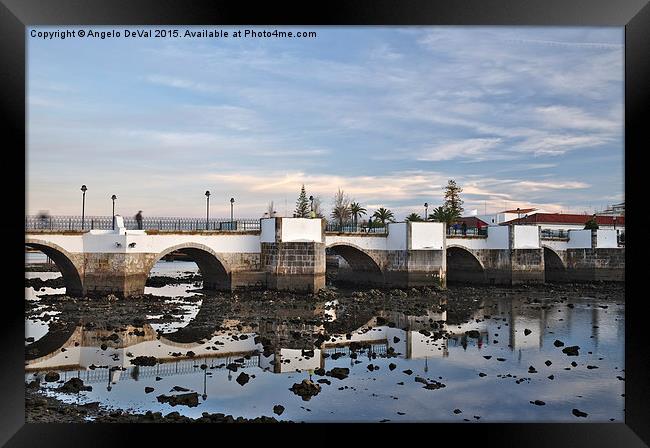 Antique bridge of Tavira and reflections Framed Print by Angelo DeVal