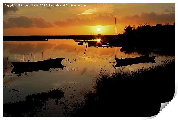 Boats silhouettes at sunset  Print by Angelo DeVal
