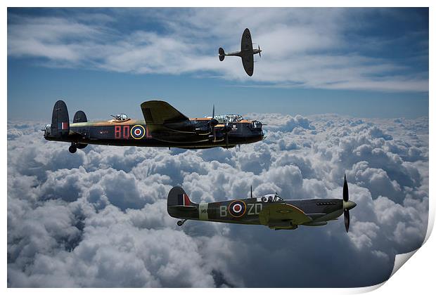  Lancaster with Spitfire escort Print by Oxon Images