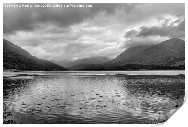 Loch Creran with Mountains (monochrome) Print by Paul Williams