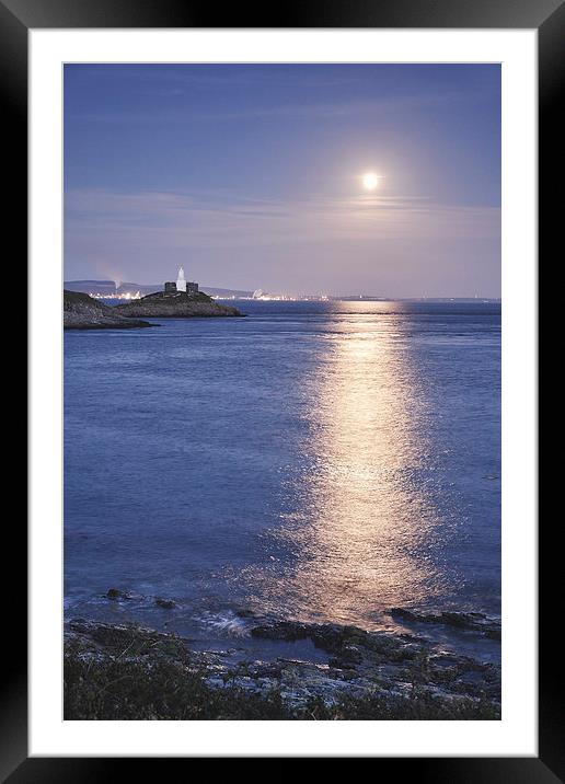 Full moon and lighthouse at Mumbles Head. Wales, U Framed Mounted Print by Liam Grant