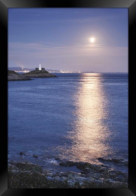 Full moon and lighthouse at Mumbles Head. Wales, U Framed Print by Liam Grant