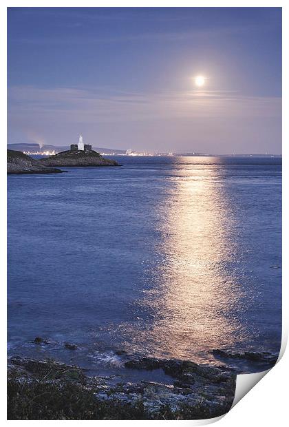 Full moon and lighthouse at Mumbles Head. Wales, U Print by Liam Grant