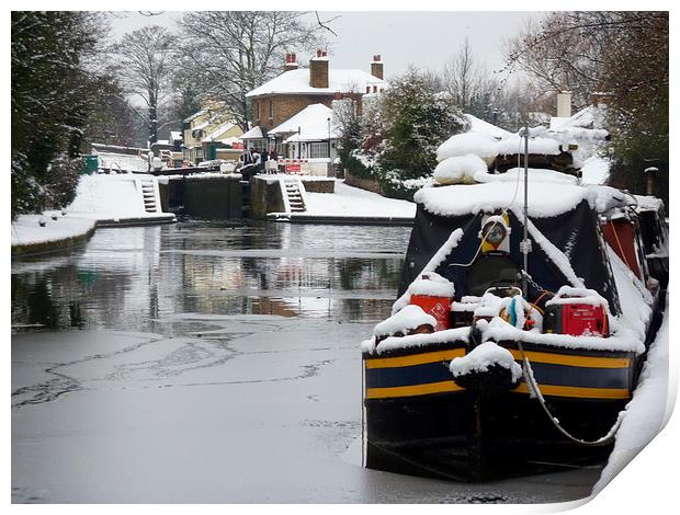  Canal Boats in Winter Print by Terry Hunt