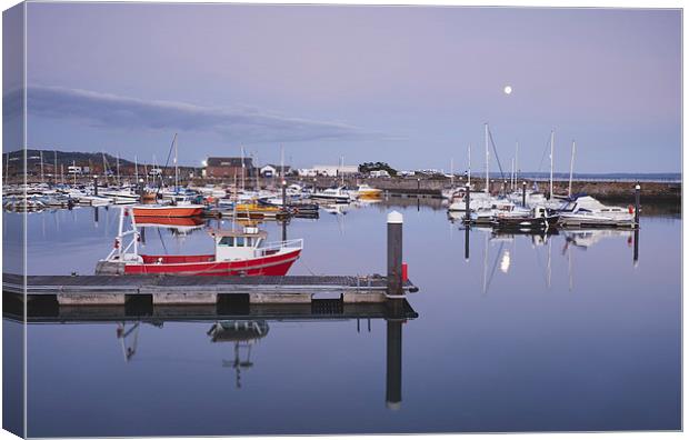 Moon over Burry Port harbour. South Wales, UK. Canvas Print by Liam Grant