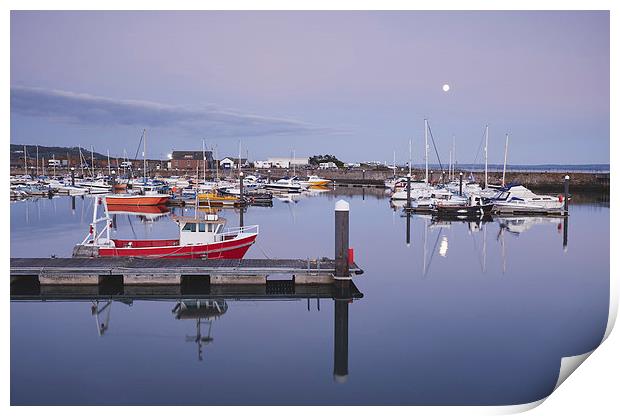 Moon over Burry Port harbour. South Wales, UK. Print by Liam Grant