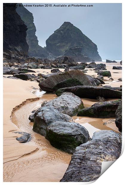 Dramatic rocky shore at Bedruthan steps, Cornwall Print by Andrew Kearton