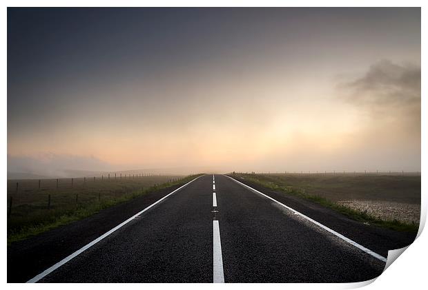  Road over the misty moors at sunset Print by Andrew Kearton