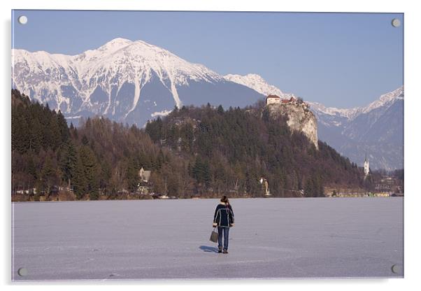 Lake Bled frozen in winter, Slovenia. Acrylic by Ian Middleton