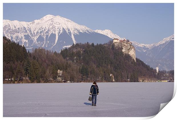 Lake Bled frozen in winter, Slovenia. Print by Ian Middleton