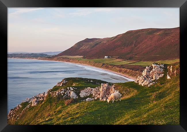  Rhossili beach at sunset. Wales, UK. Framed Print by Liam Grant