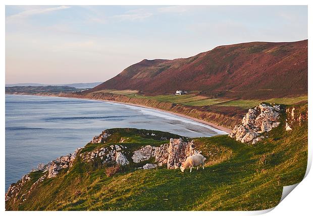  Rhossili beach at sunset. Wales, UK. Print by Liam Grant