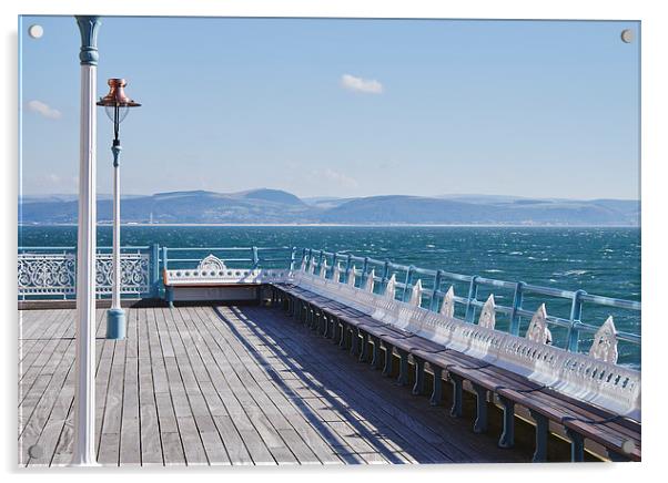 Lamp and seating on Mumbles Pier. Wales, UK. Acrylic by Liam Grant