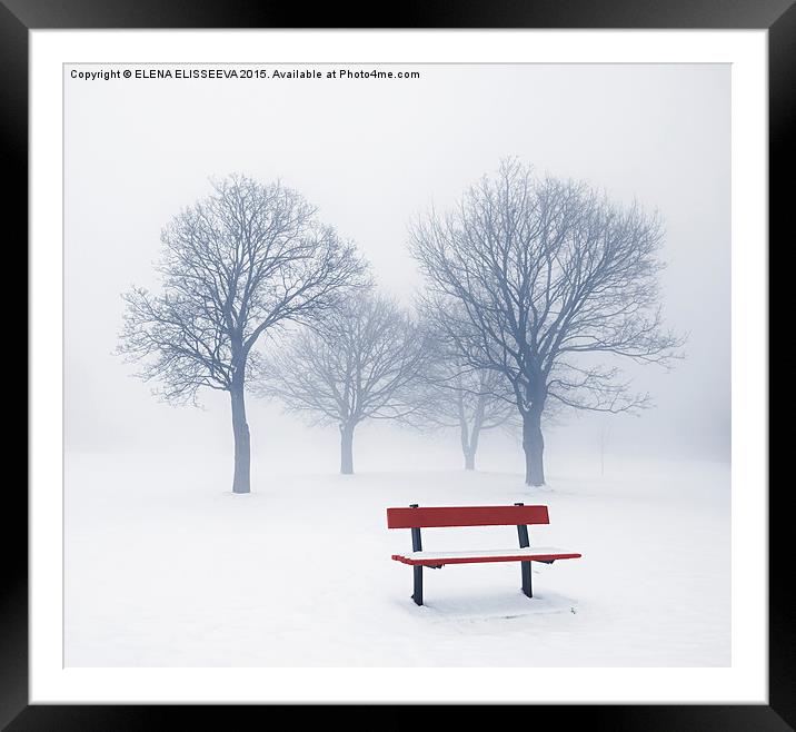 Winter trees and bench in fog Framed Mounted Print by ELENA ELISSEEVA