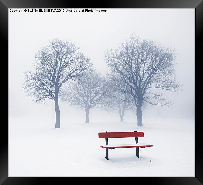 Winter trees and bench in fog Framed Print by ELENA ELISSEEVA