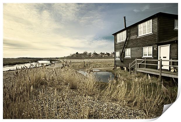 Black wooden house overlooking a stream Print by Stephen Mole