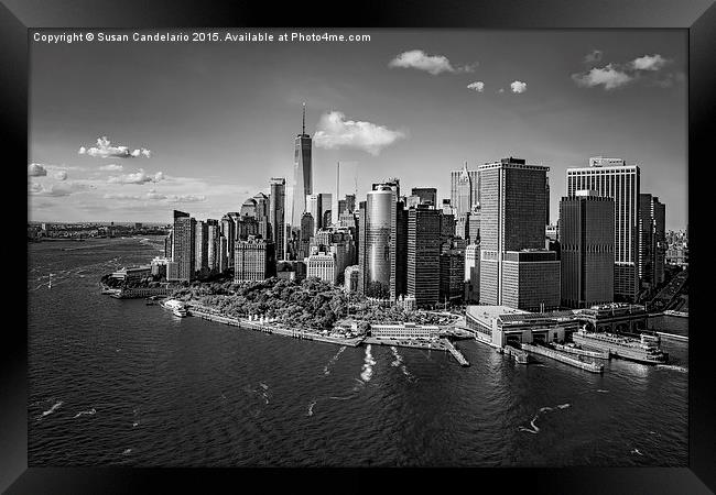 Lower Manhattan Aerial View BW Framed Print by Susan Candelario