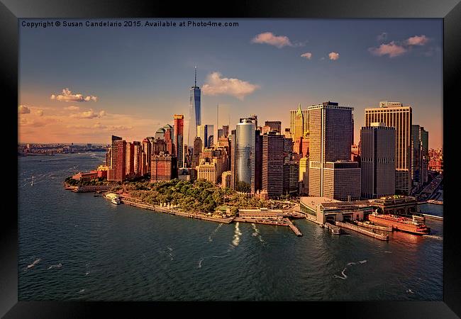 Lower Manhattan Aerial View Framed Print by Susan Candelario