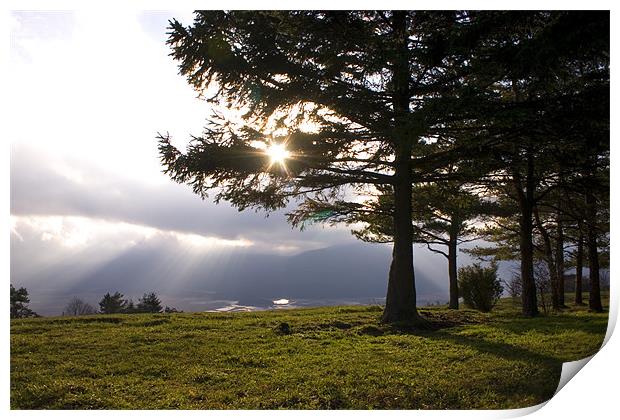 Sunrays bursting through clouds over Cerknica Lake Print by Ian Middleton