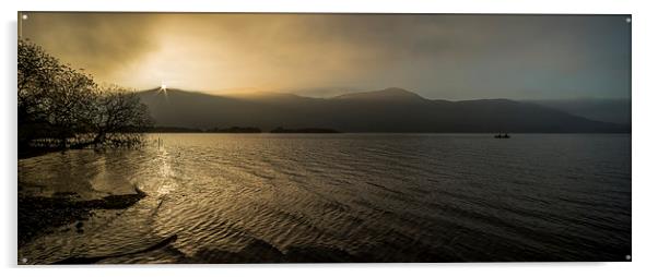 The sun sets over a misty Derwentwater Acrylic by Dave Hudspeth Landscape Photography