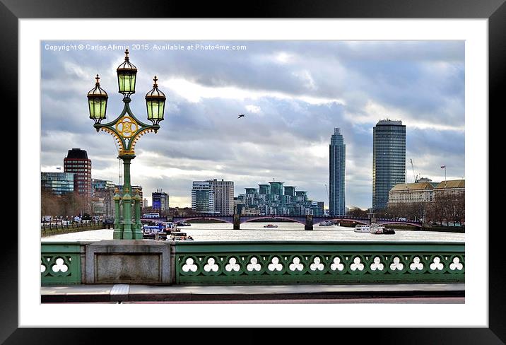 A London Scene - Westminster Bridge empty and skyl Framed Mounted Print by Carlos Alkmin